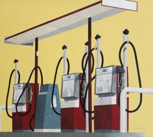 "Three Gas Pumps" painting by Shawn Huckins - view is from right-view descending. Three brick red fuel dispensers at slight angle with their black pumps still tacked up. They rest on a blue-grey platform. Unused